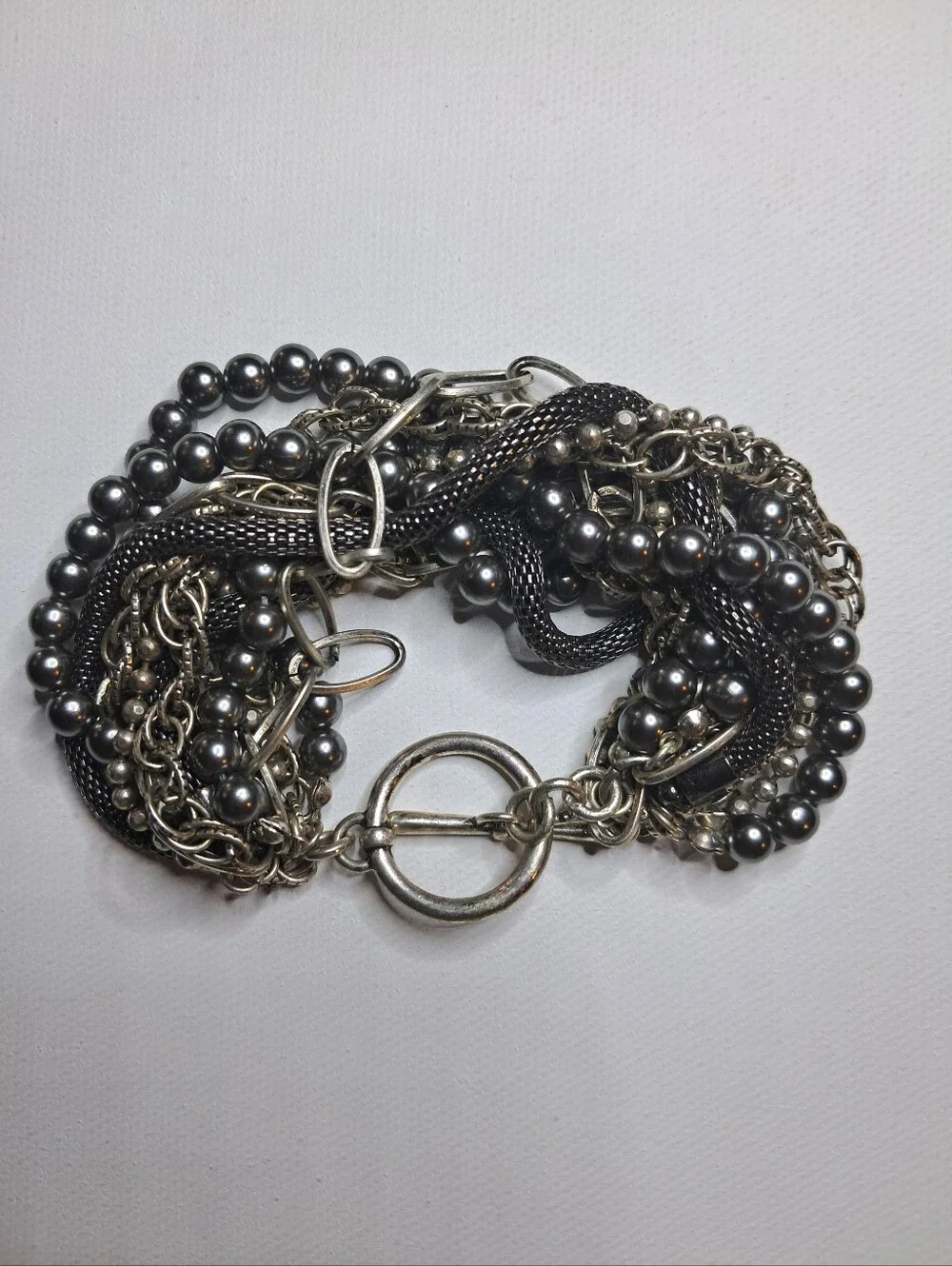 Vintage Multi Chain Silver & Gunmetal Tones Bracelet Beaded Ball Toggle Clasp
